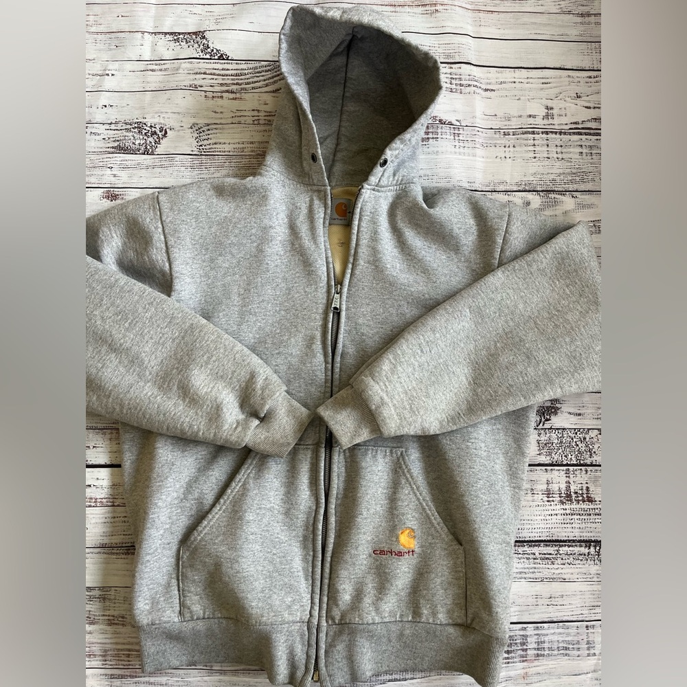 Vintage Carhartt Hoodie Heavy Thermal Lined Rugged Gray Full Zip Mens L 80's